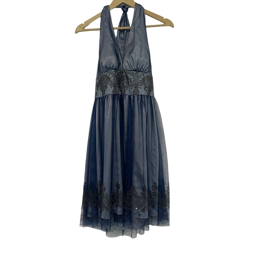 Adrianna Papell Navy Halter V-Neck Tulle Appliqué Cocktail Dress